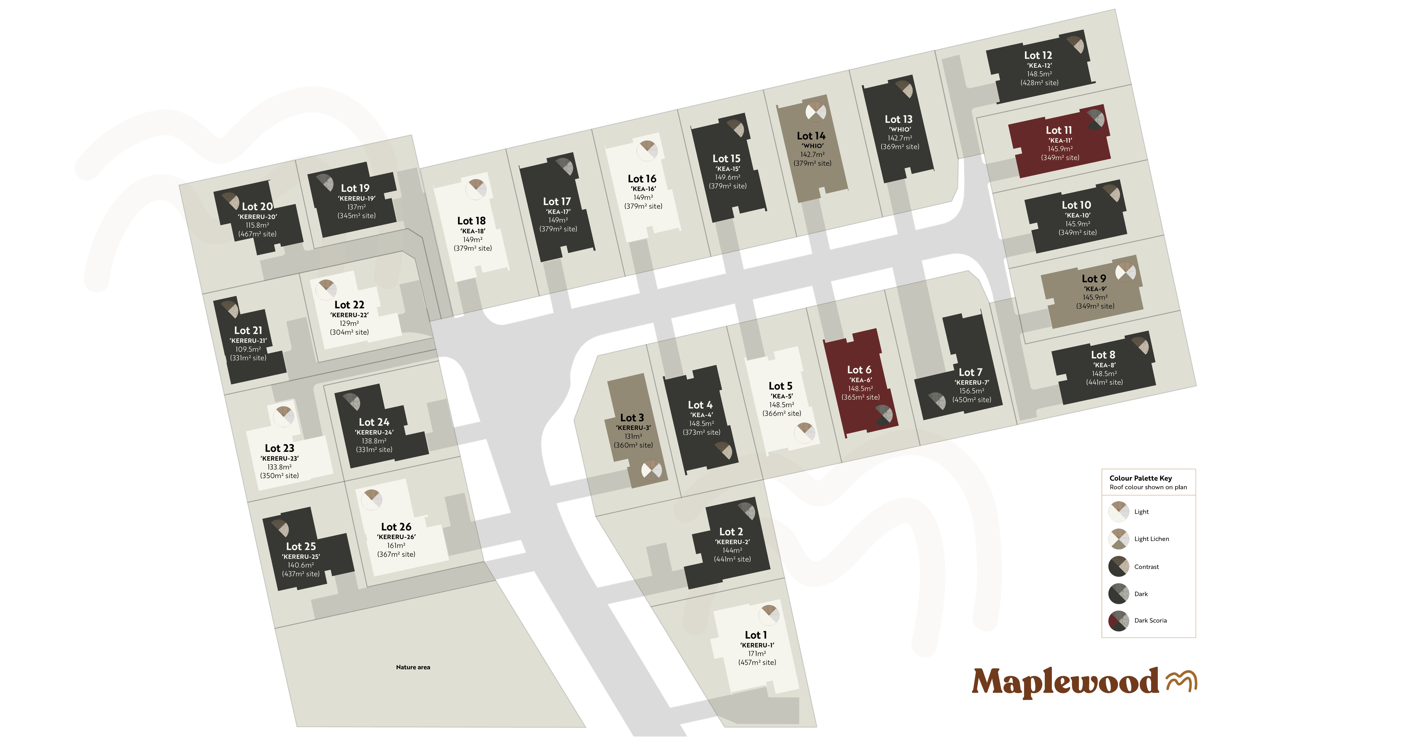 Maplewood neighbourhood site plan showing home locations in Morrinsville, Waikato