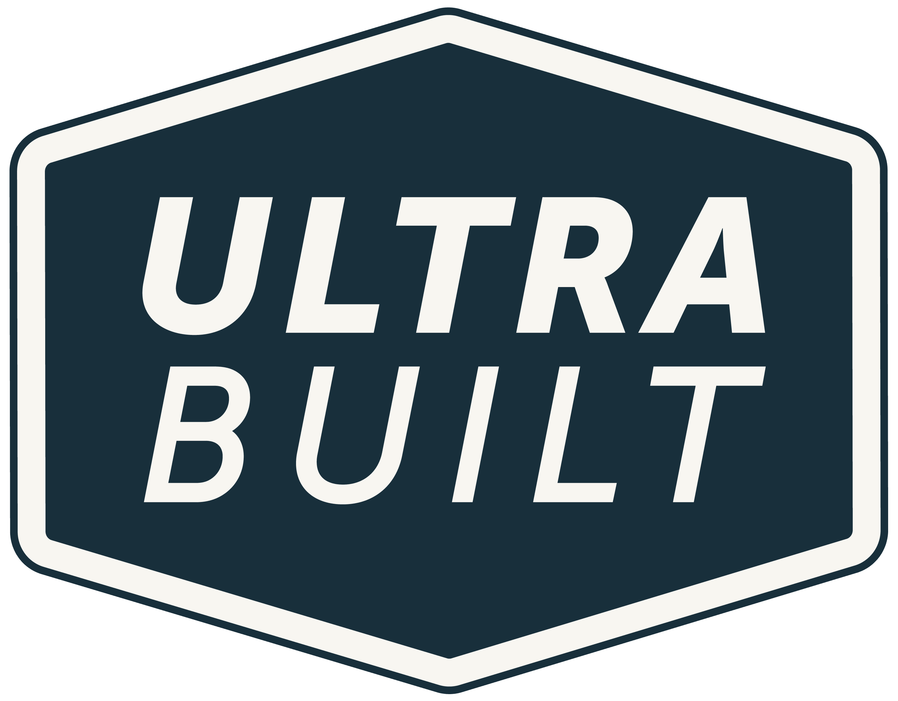 Ultra Built Sheds logo in navy blue & white. 