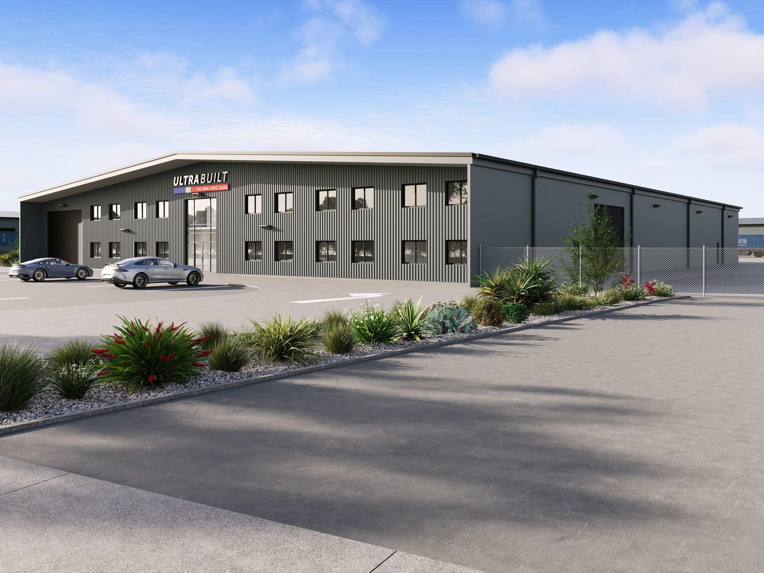 Large scale grey cladded commercial building by Ultra Built Sheds, Waikato.