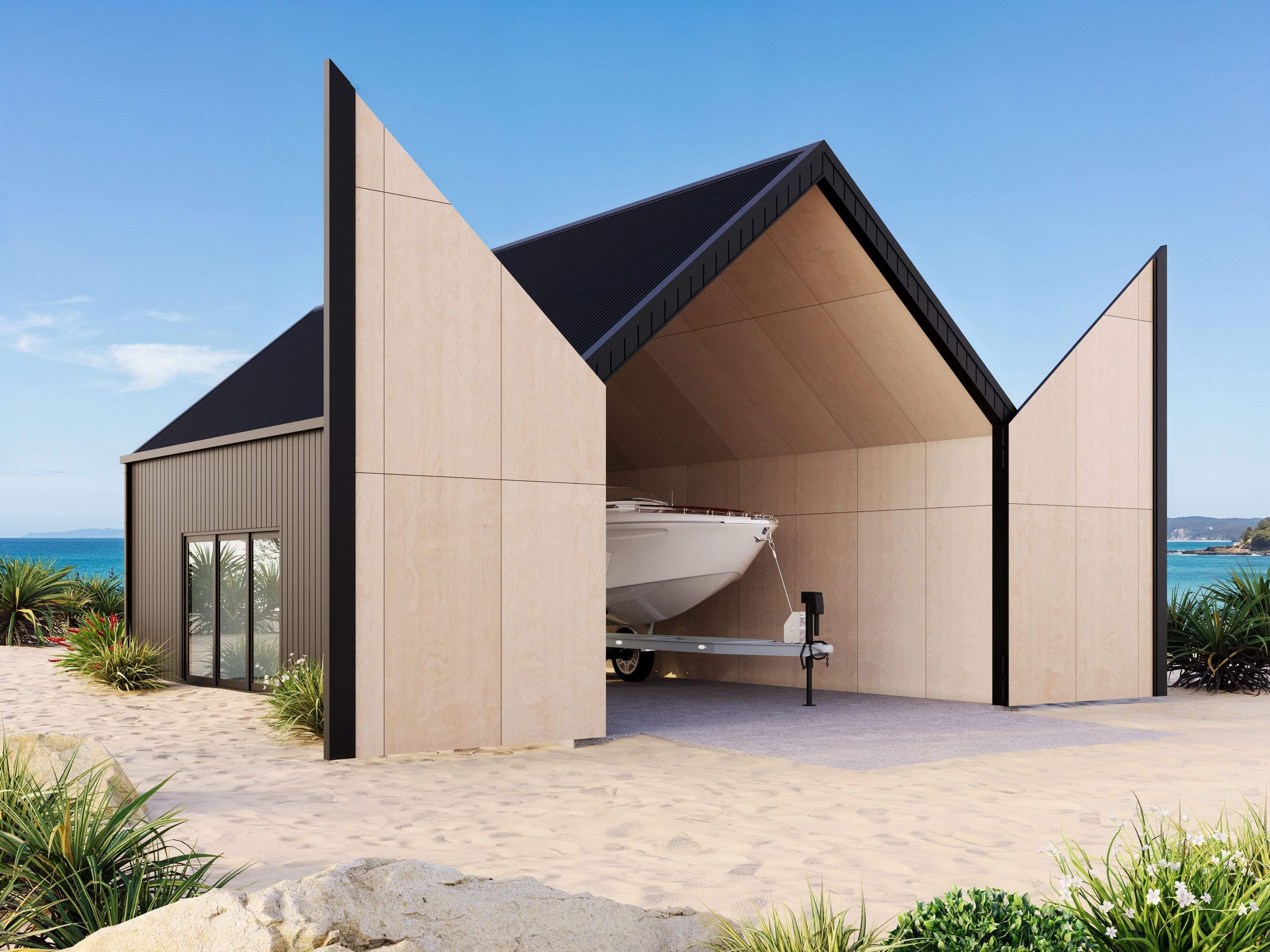 Creamy timber cladded boatshed by Ultra Built Sheds, Waikato