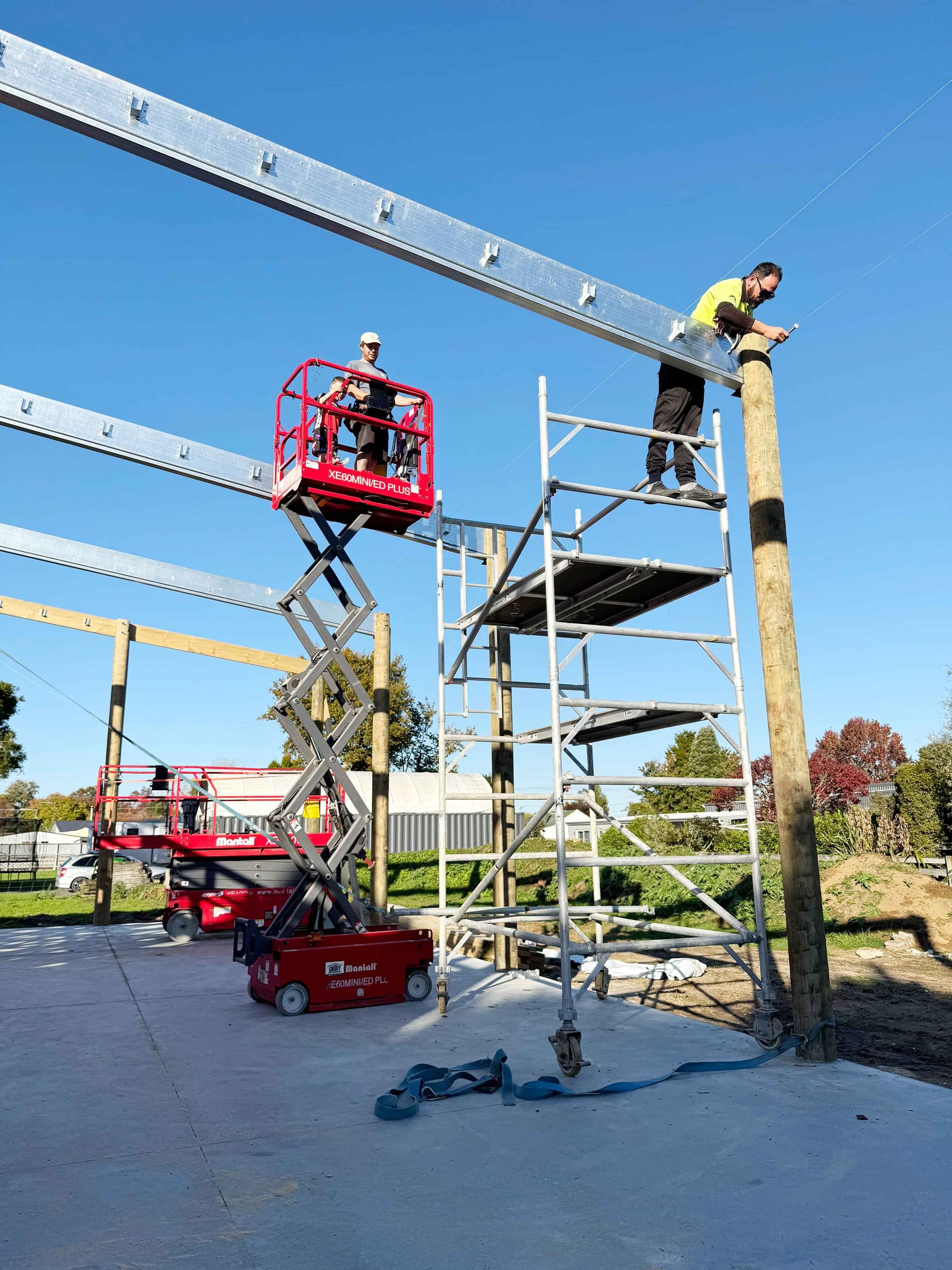 Framing going up on new shed structure by Ultra Built Sheds team. Te Awamutu, Waikato.