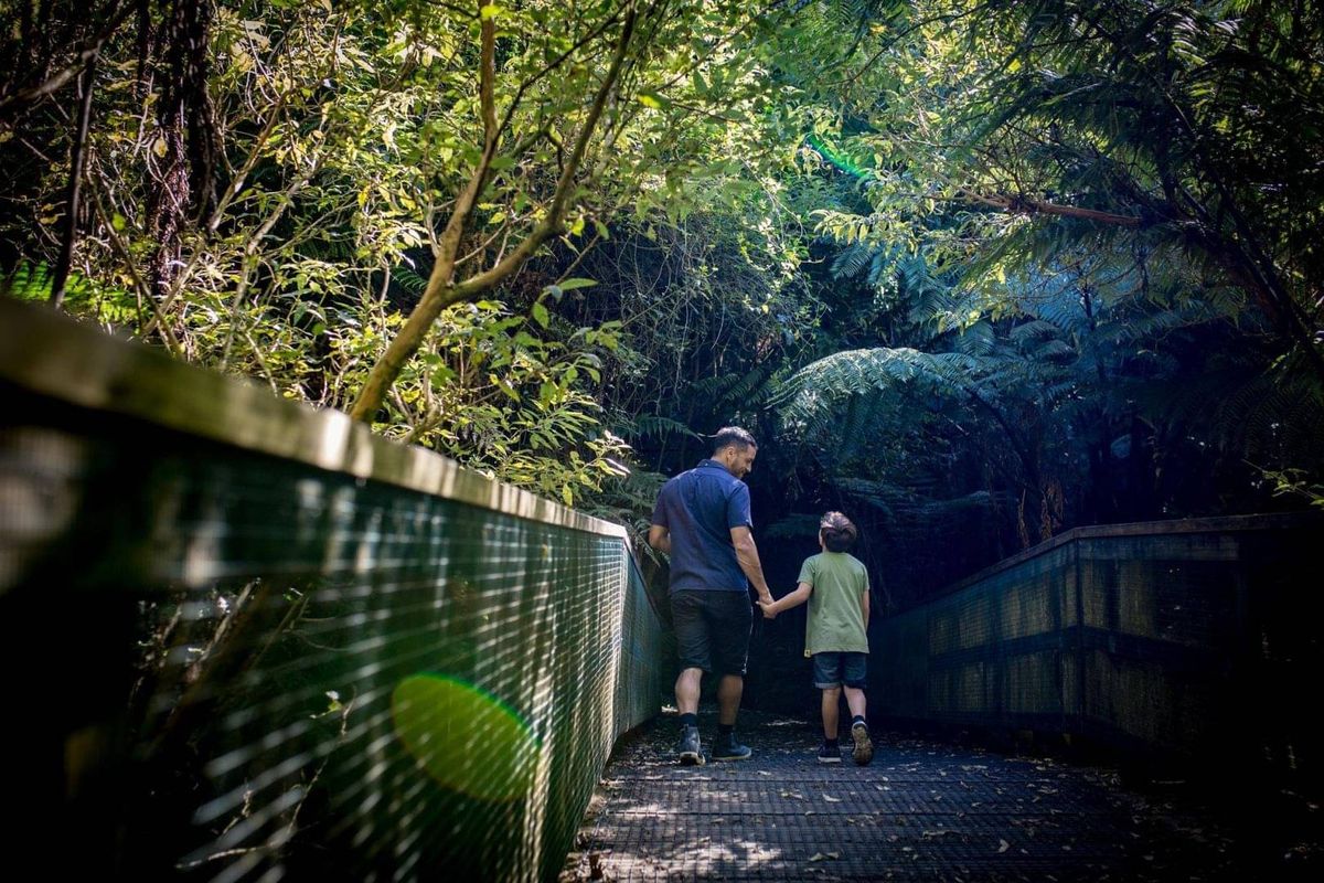 A father and son walking across the Southern Enclosure bridge