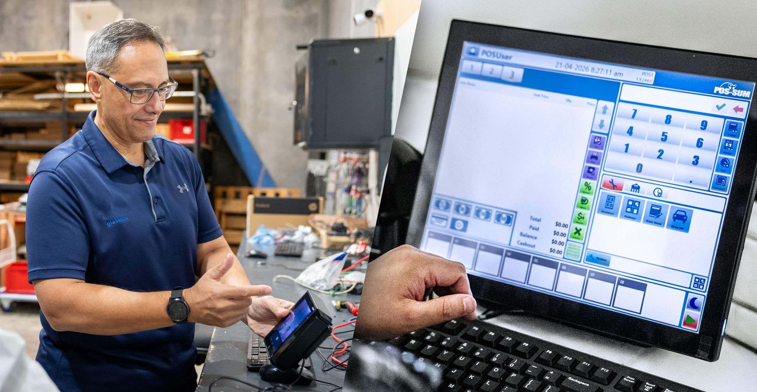 Glassbox engineer testing point of sale hardware and payment technology