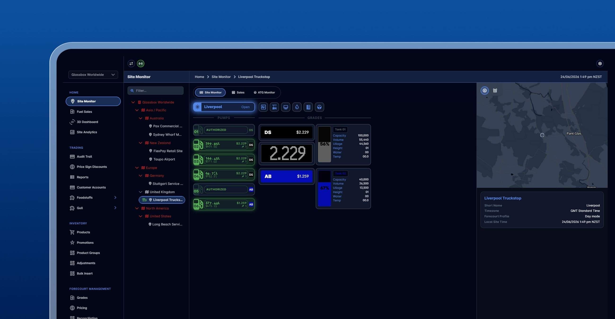 Glassbox Site Monitoring & Control dashboard showing real-time forecourt and device status