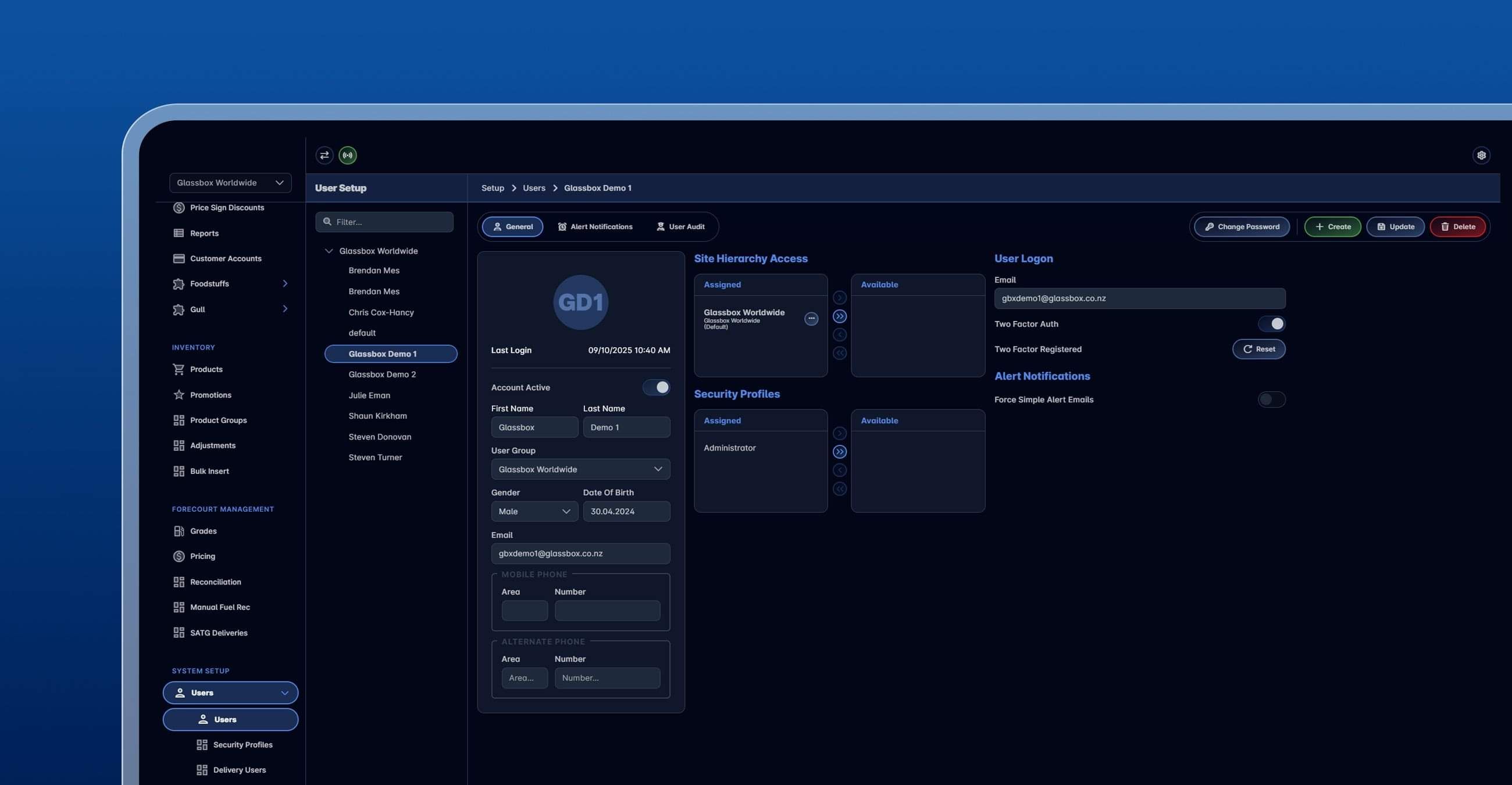 Glassbox Whitecard & Account Card dashboard showing account transactions and customer fuel card management