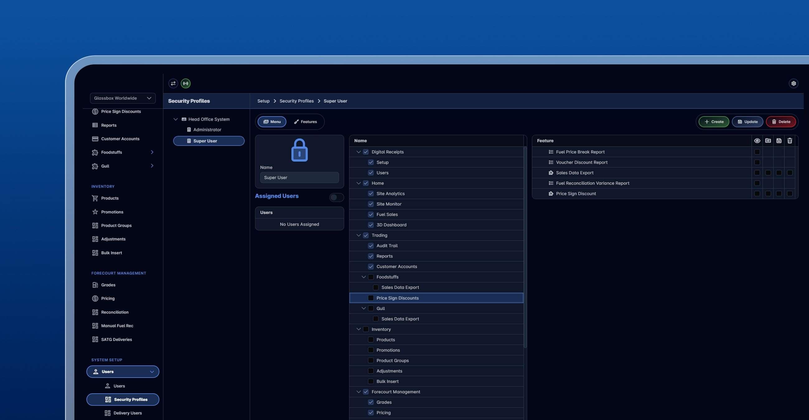 Glassbox User Security & Access Control dashboard showing user permissions and account management settings
