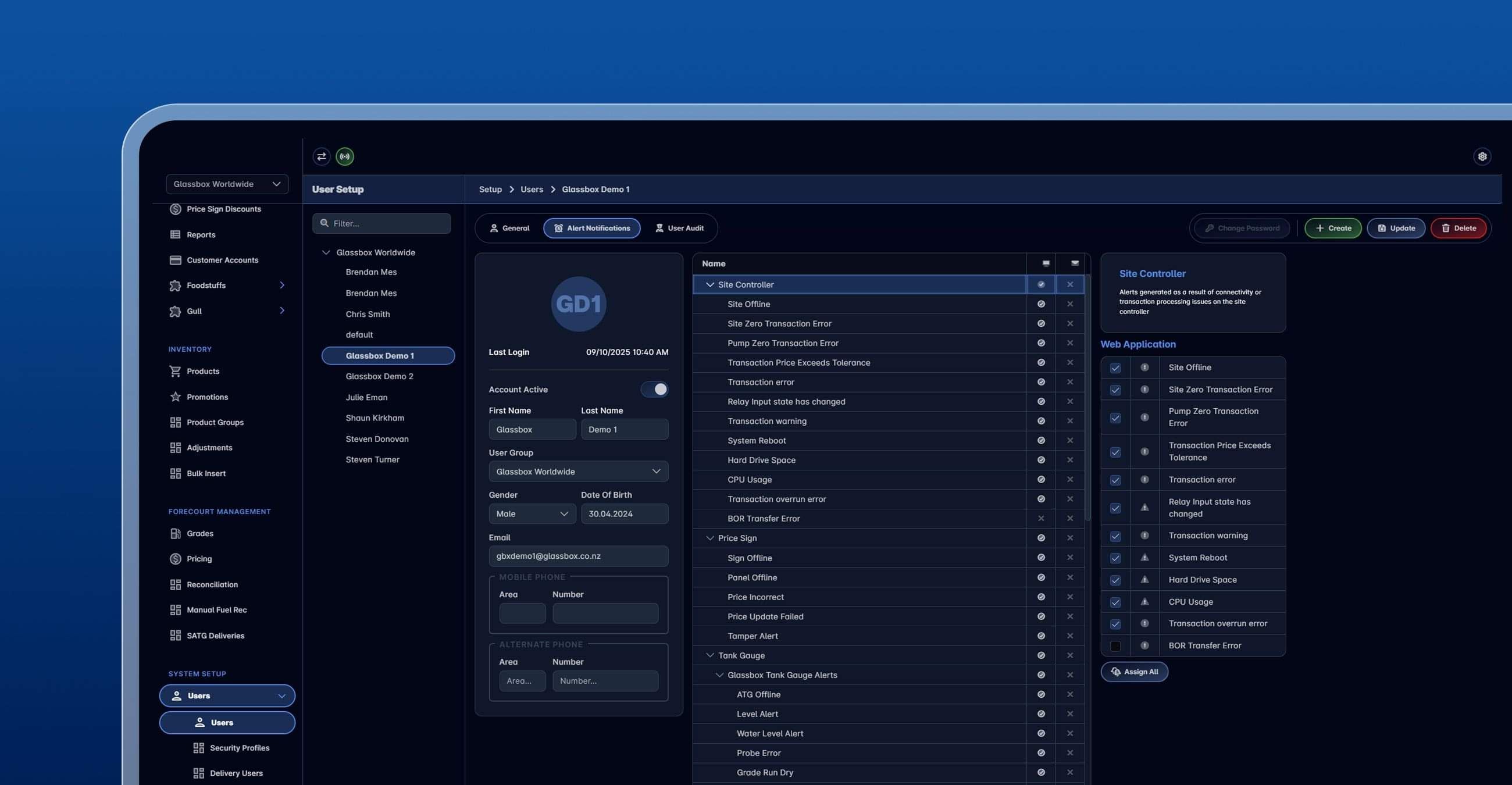 Glassbox Security & Infrastructure dashboard showing platform security, system health and network monitoring