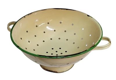 Cream and Green Enamel Sieve
