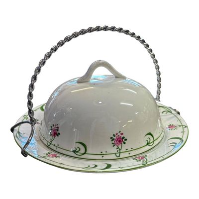 AntiqueWHWhiteleyLtd,Londonhandpainted Lidded Butter/Cheese keep with twisted metal handle