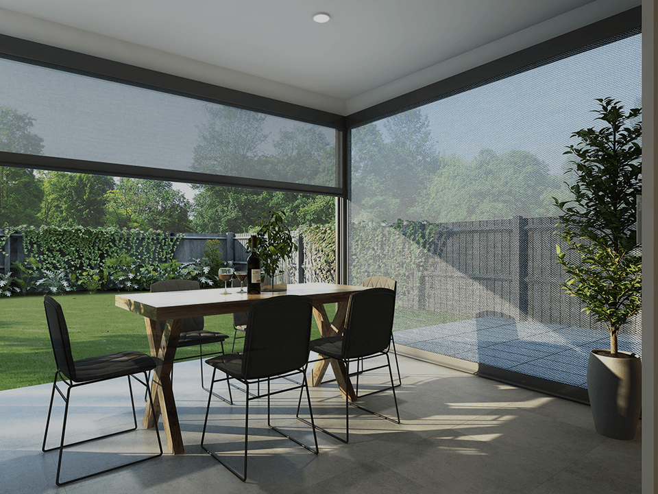 Motorised outdoor blinds on a covered patio