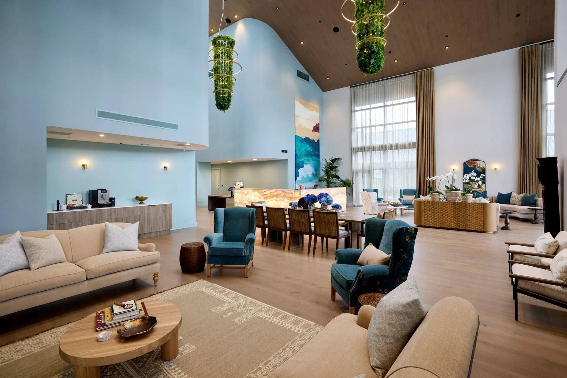 Custom commercial curtains creating a warm retirement village lounge