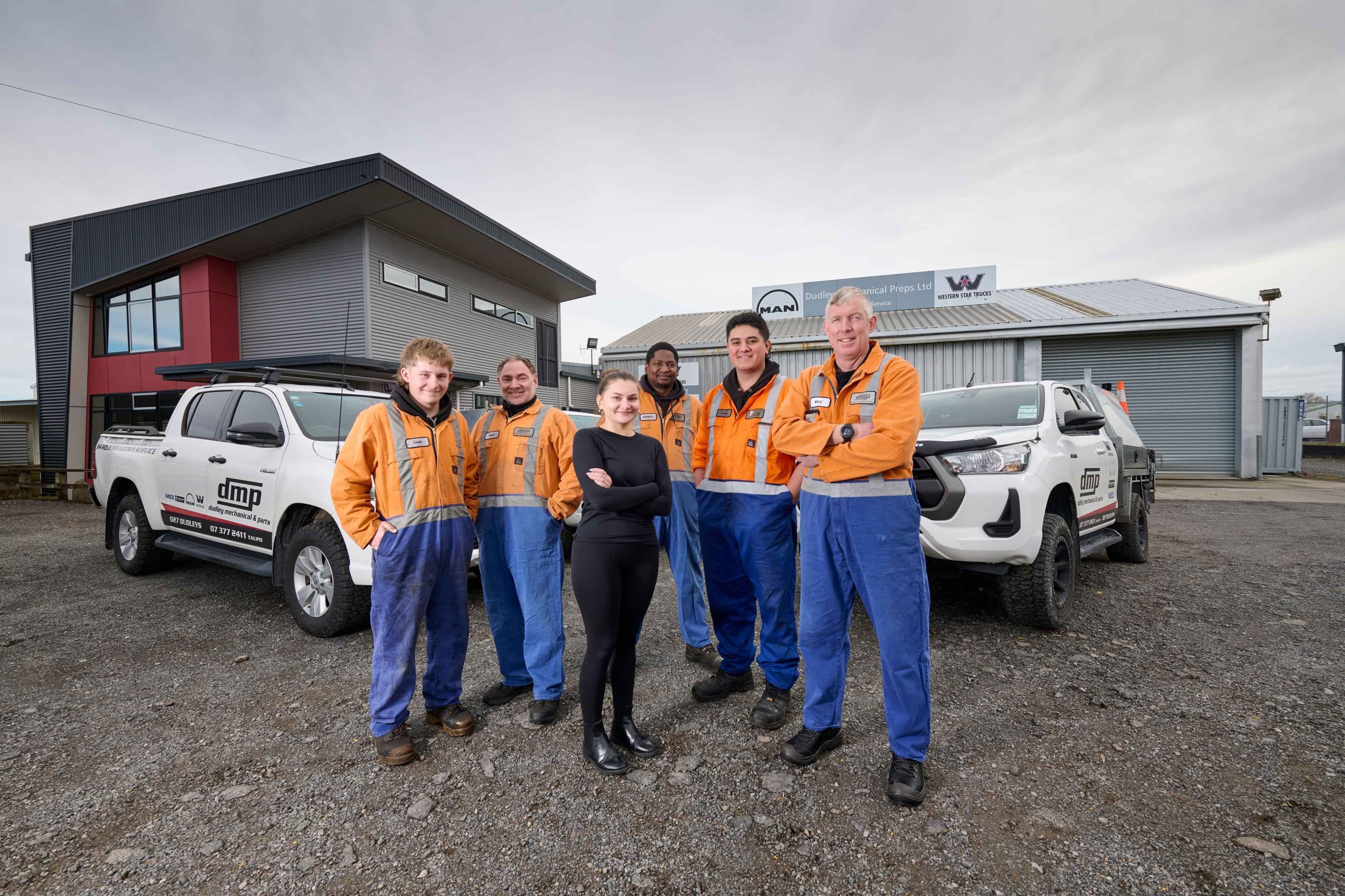 Chris and the Dudley Mechanical & Parts team outside the Taupo based workshop.