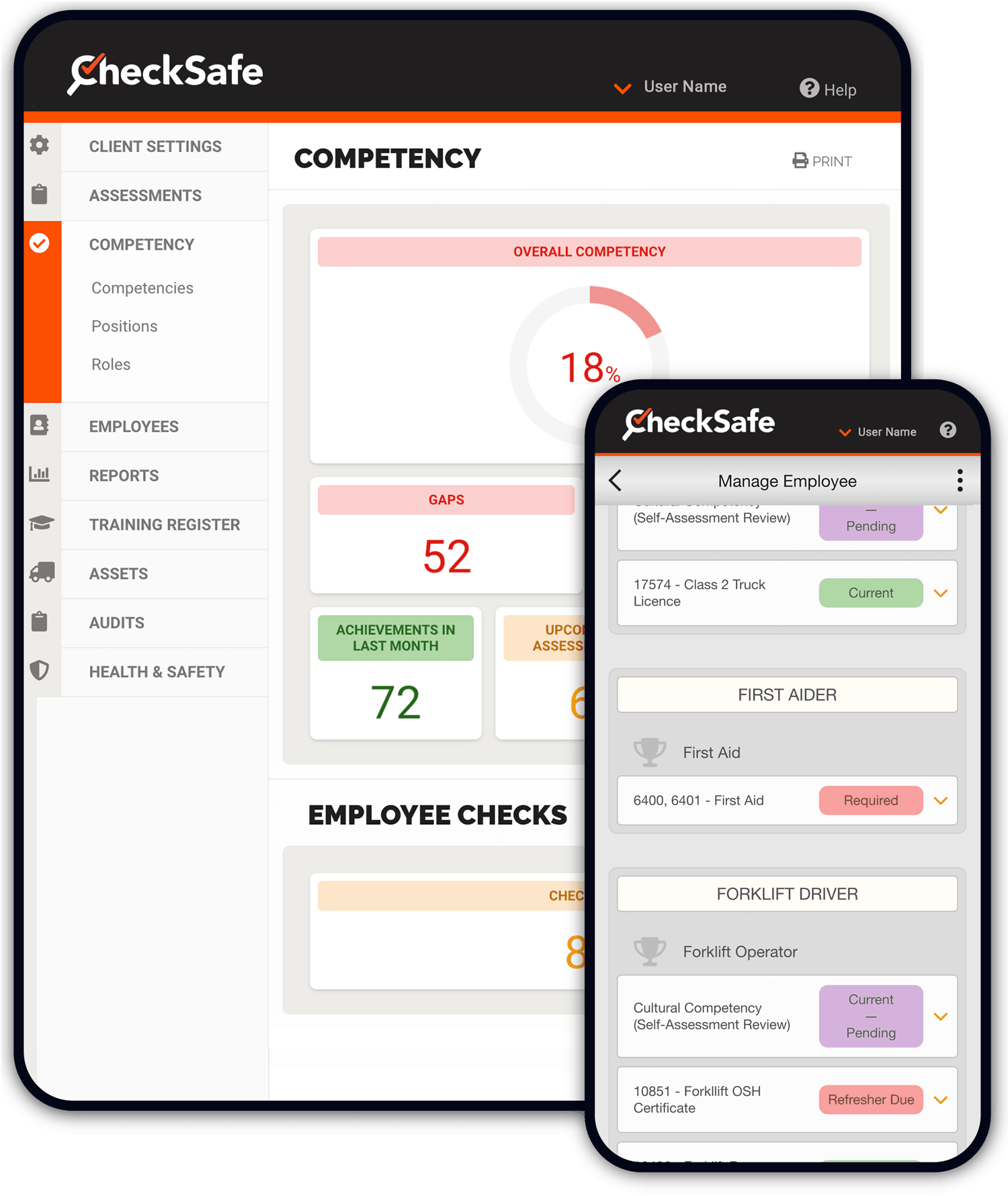 CheckSafe competency management software displayed on desktop and mobile screens