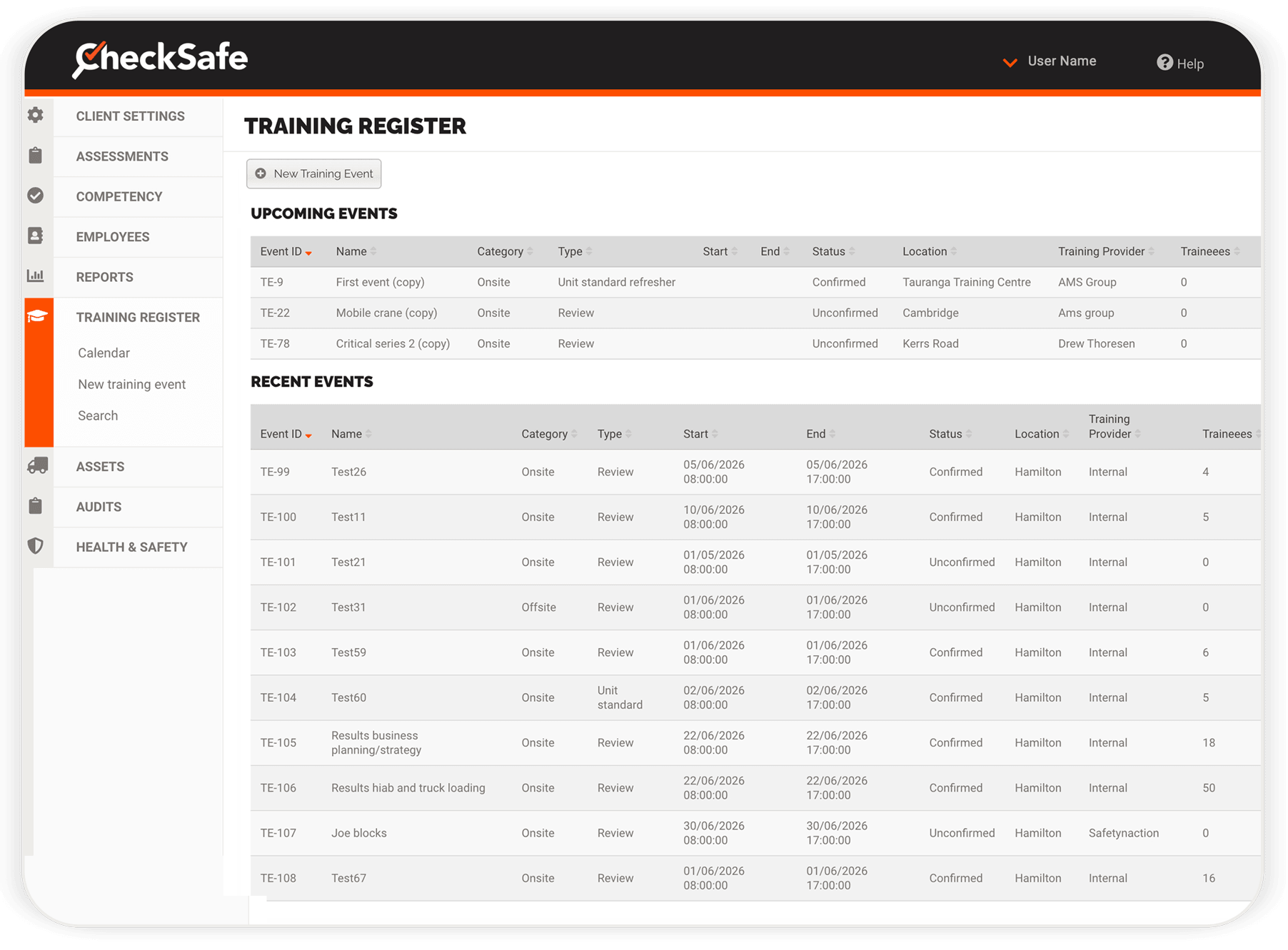 CheckSafe training register dashboard showing an overview of upcoming and recent events