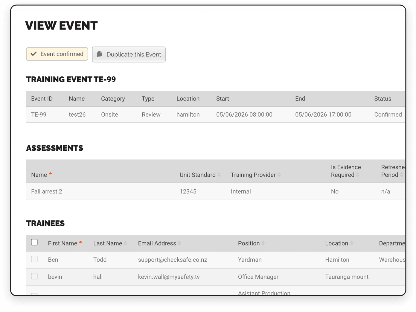 Checksafe dashboard showing training events, assessment and trainers