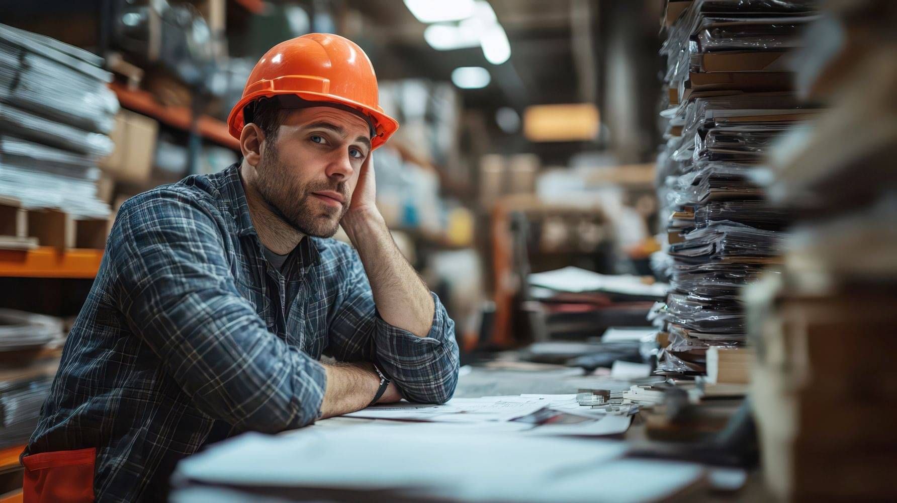 Potential CheckSafe customer in high-visibility workwear with a stack of paper work in front of him