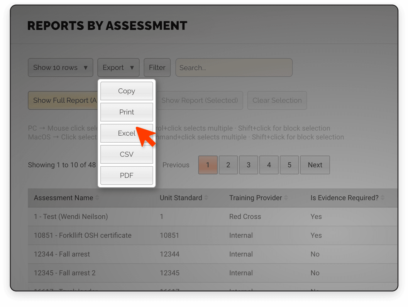CheckSafe reporting screen showing competency data being exported for reporting and analysis
