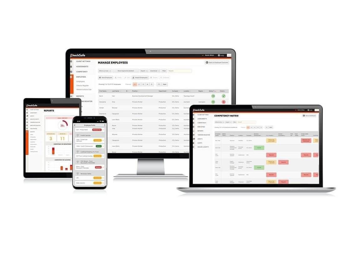 CheckSafe contractor compliance management software shown on desktop, tablet and mobile devices