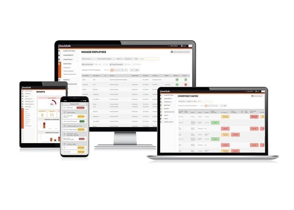 CheckSafe workforce compliance software shown on desktop, tablet and mobile devices