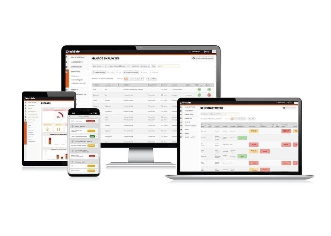 CheckSafe competency management tool shown on desktop, tablet and mobile devices