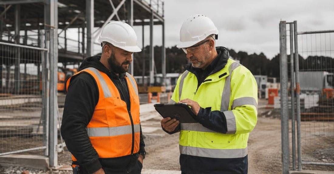 Worker using a tablet with CheckSafe competency management software in an industrial facility