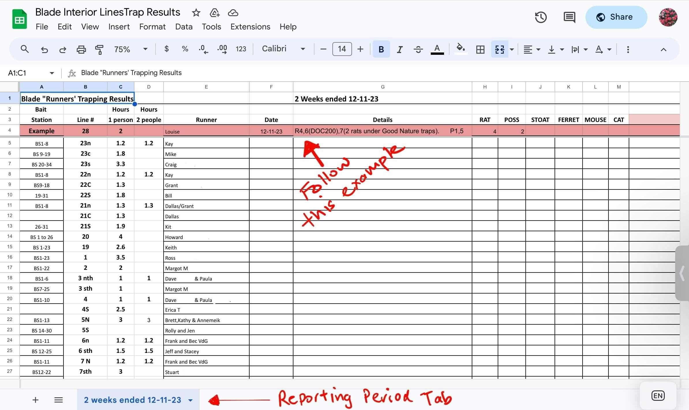 Sample results sheet