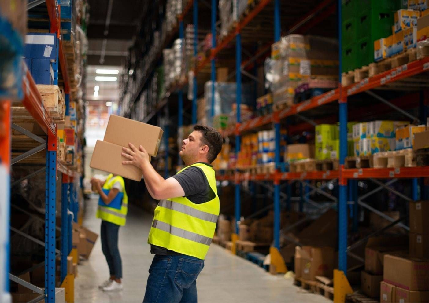 Warehouse worker in a high-visibility vest carrying a box, an example of a role covered by an Accredited Employer Work Visa