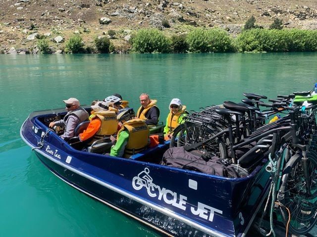 Jet Boats as a way to transport the bikes and out customers along NZs rivers with Pacific Cycle Tours