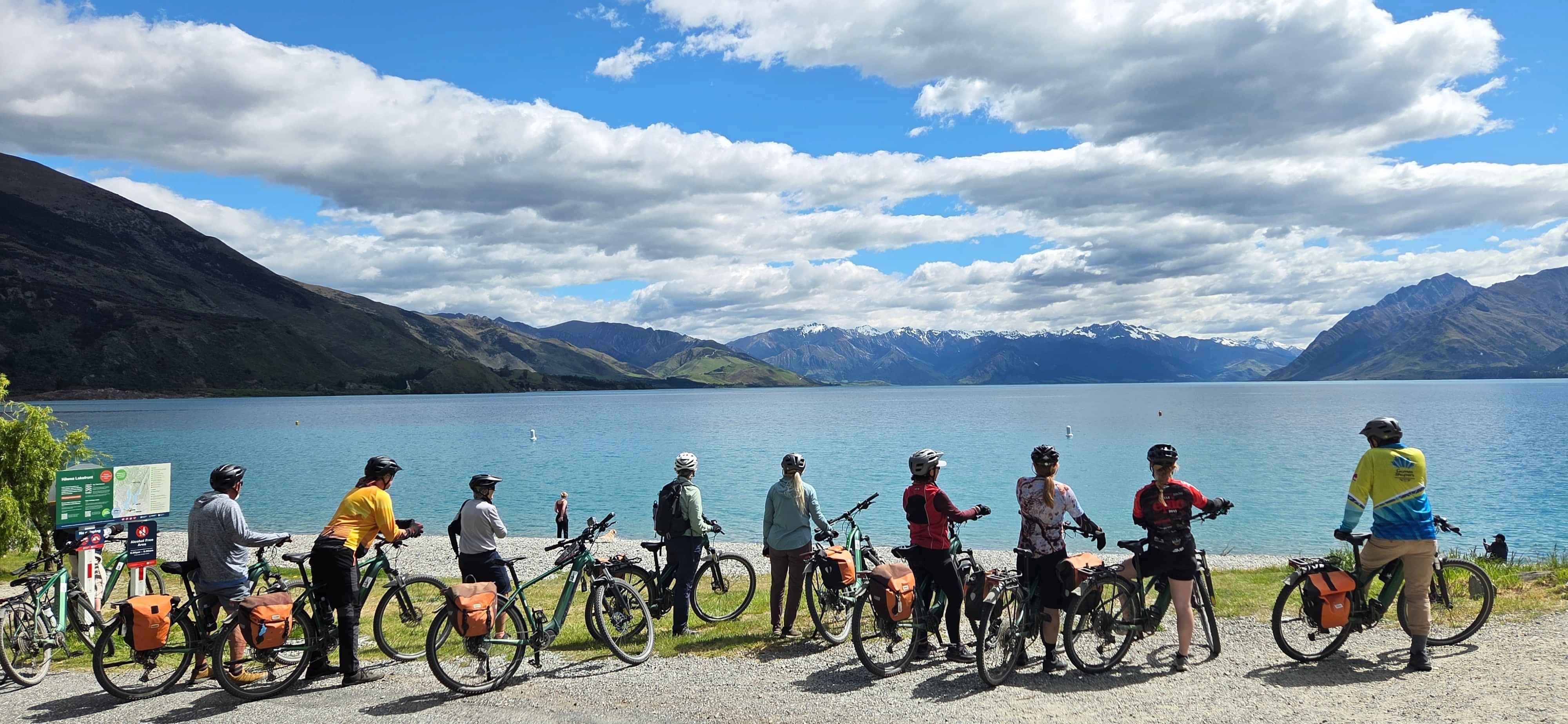 Looking out to the lake on the West Coast to Kaikōura, e-bikes all the way