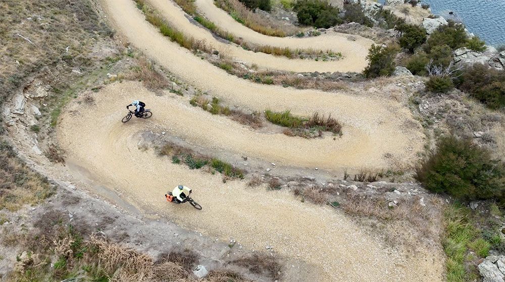 Aerial view of switchbacks along the Otago Triple Treat trails