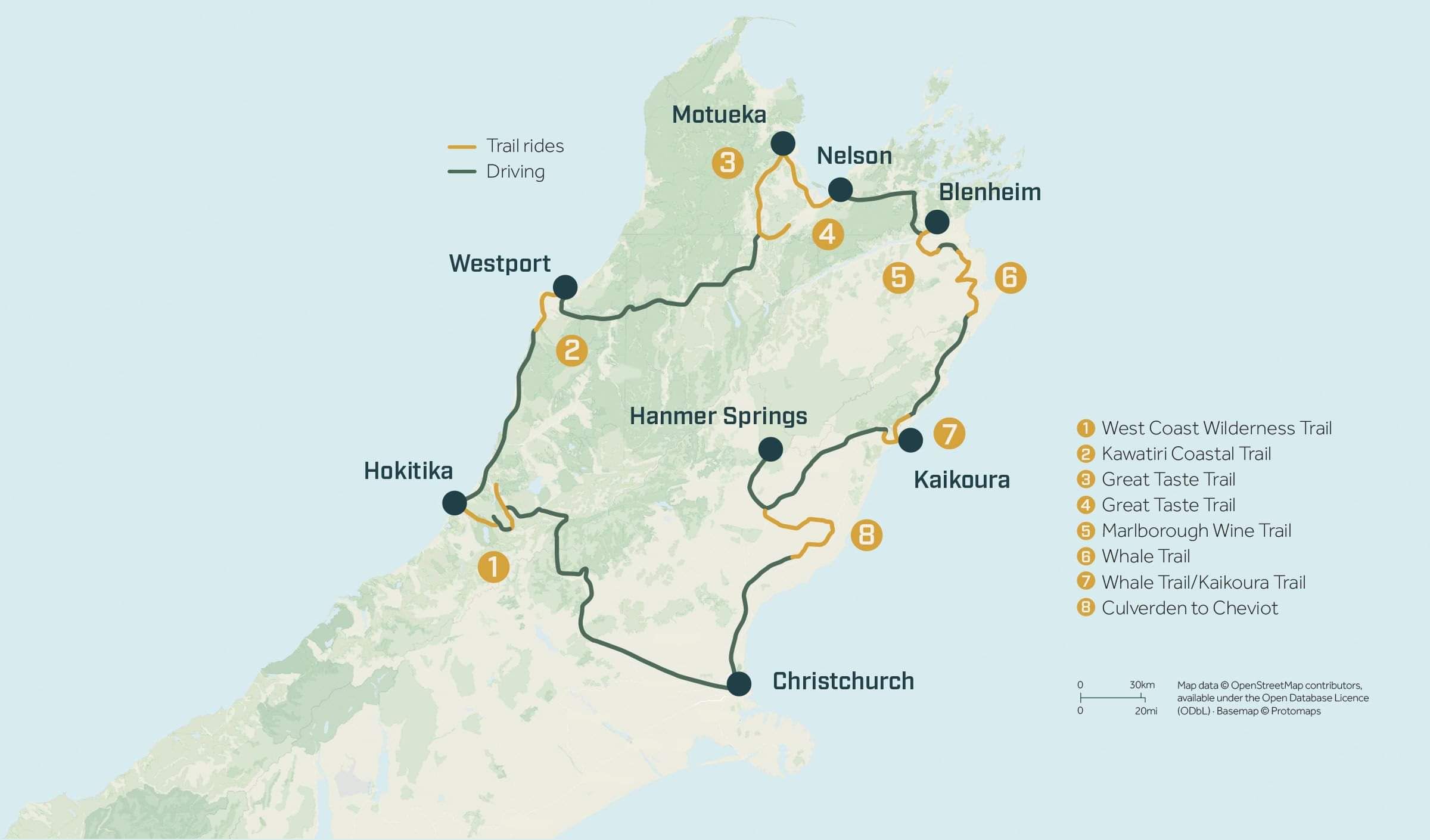 Wilderness Coastlines and Vines Guided tour Map for Pacific Cycle Tours South Island