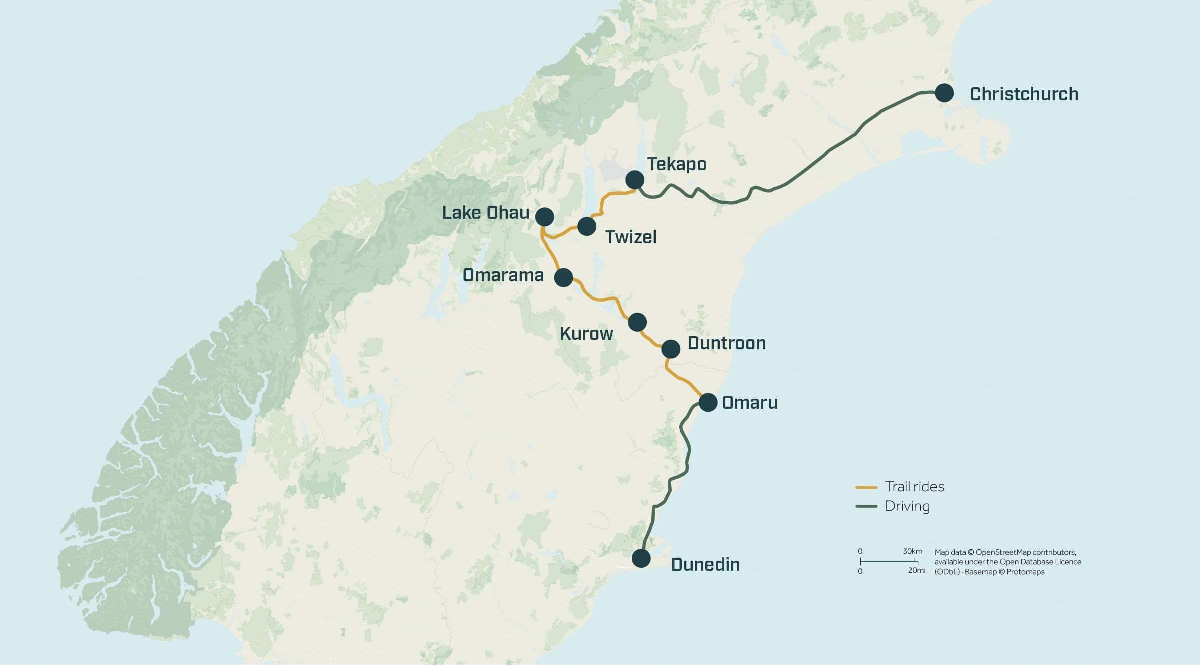 Alps to Ocean tour Map for Pacific Cycle Tours South Island