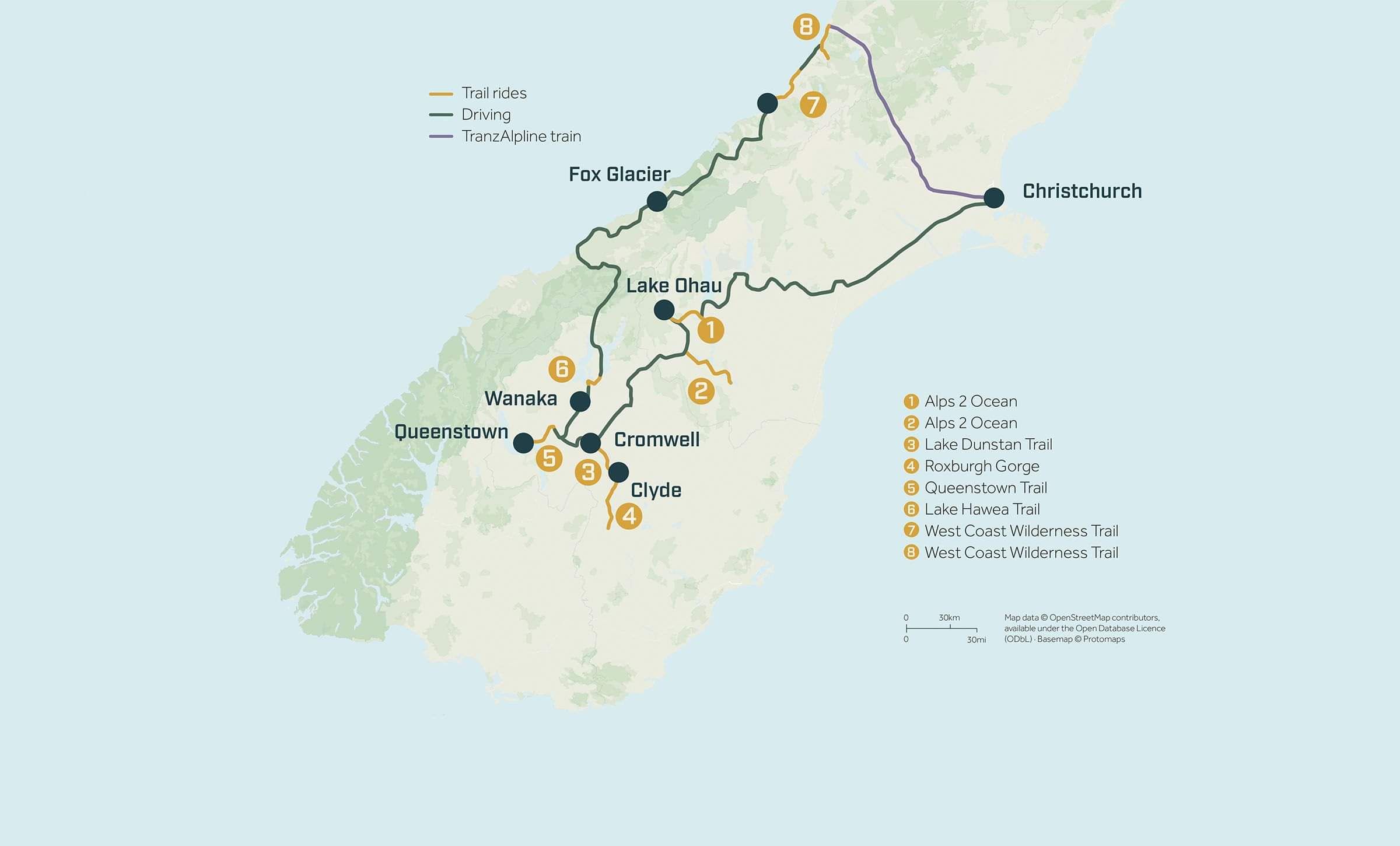 Alps Valleys and Lakes Map for Pacific Cycle Tours South Island