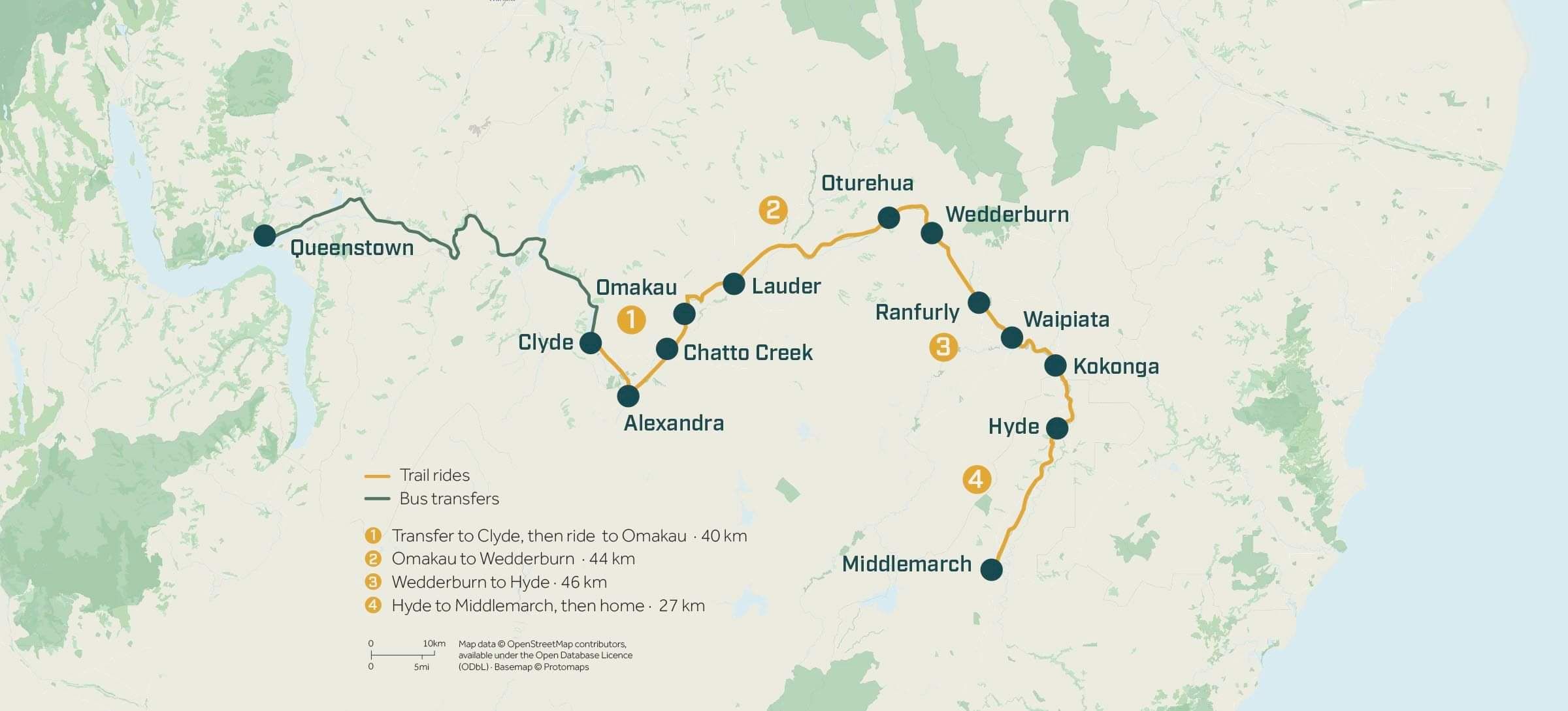 Otago Rail Trail 4 day Map for Pacific Cycle Tours South Island