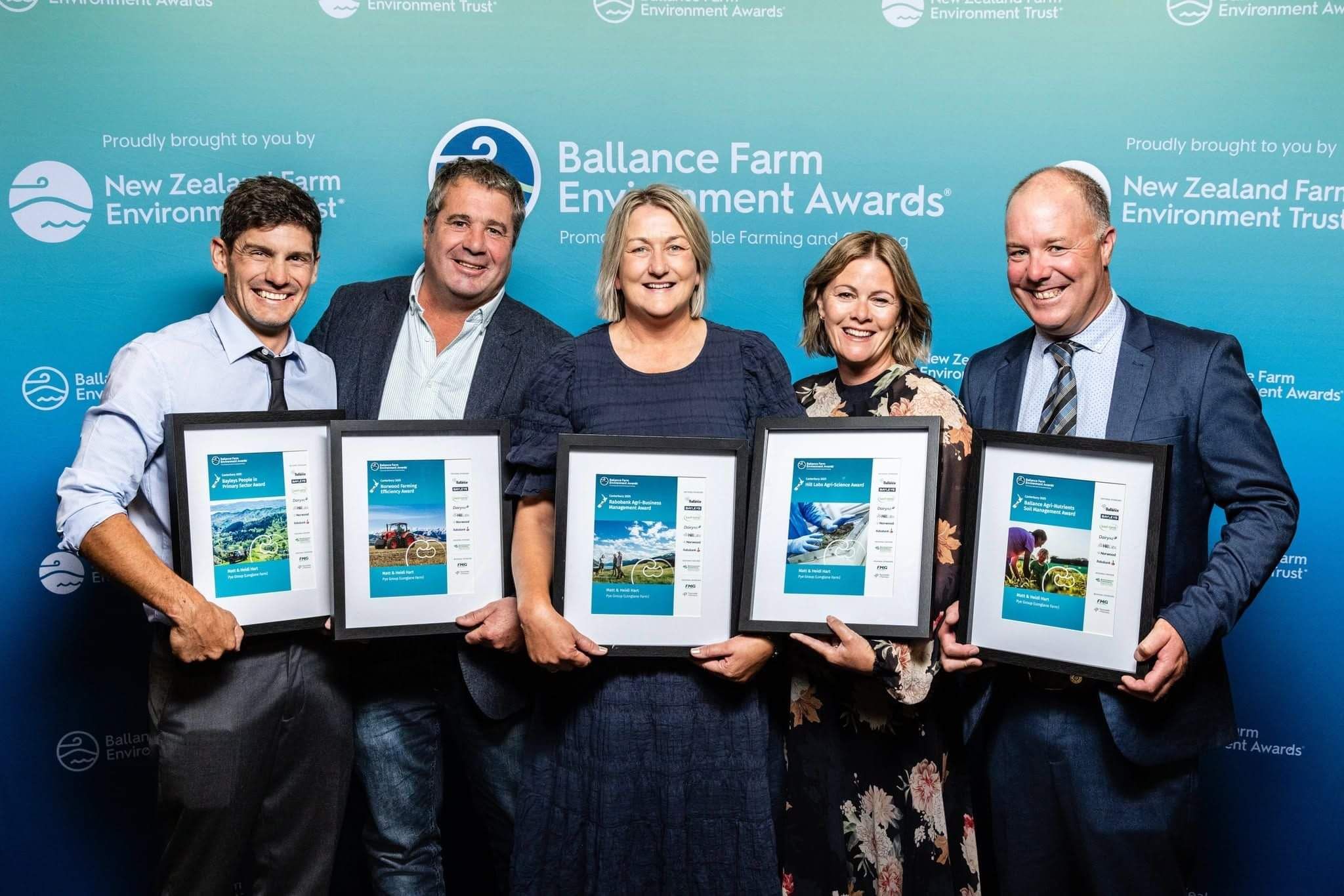 Five members of the Pye Group team holding their framed Ballance Farm Environment Awards