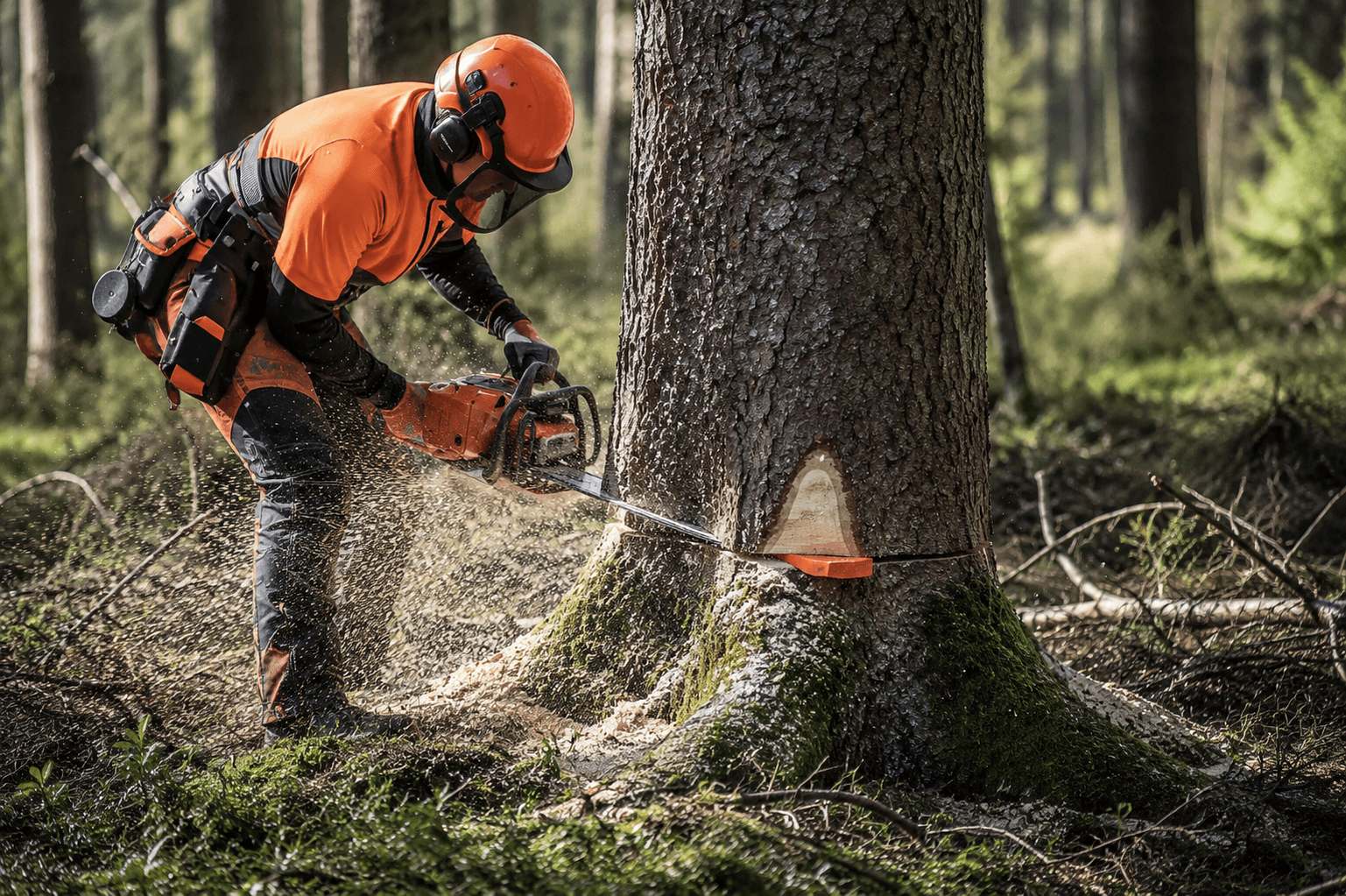 Cut tree with chainsaw and wedges