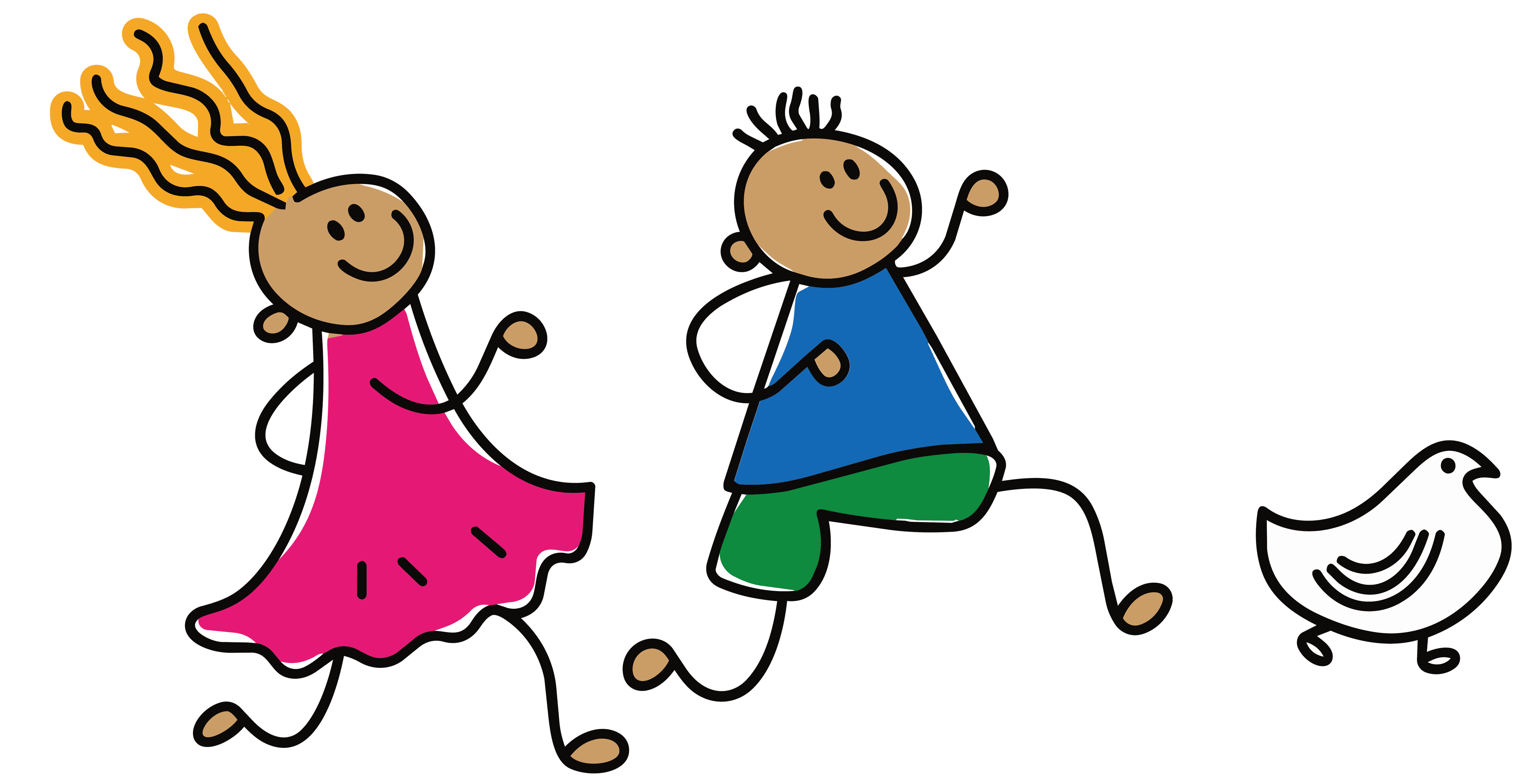 Illustration of two children running with a chicken