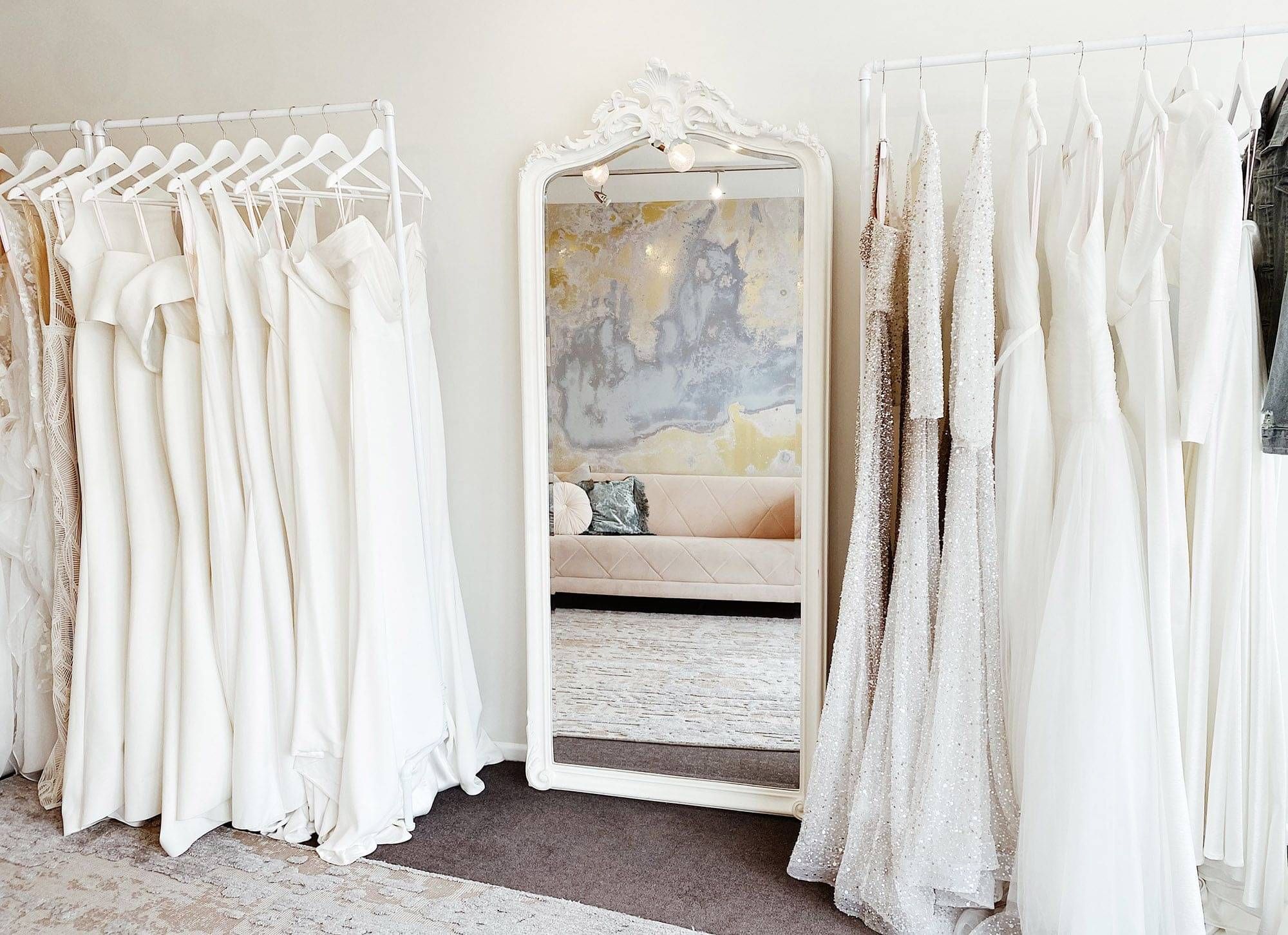 Paperswan Bride Wellington boutique interior – fitting room and gown racks