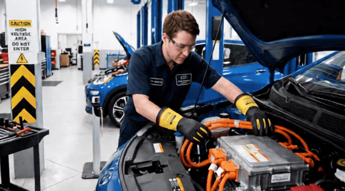 Technician working safely on a high-voltage electric vehicle system
