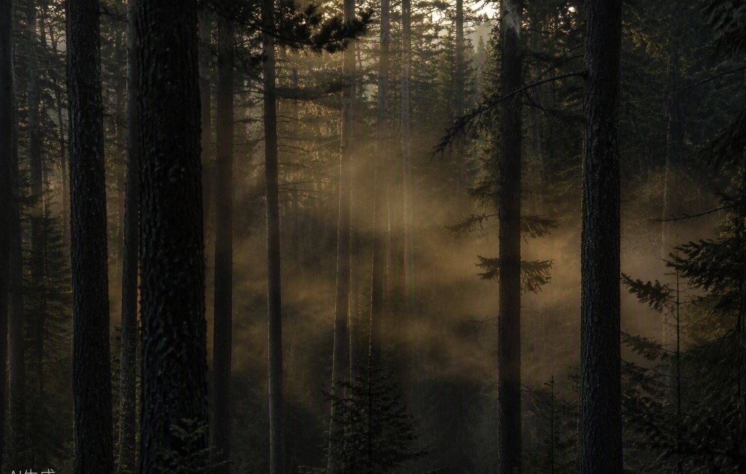 A veil of mist drifting between dark forest trees