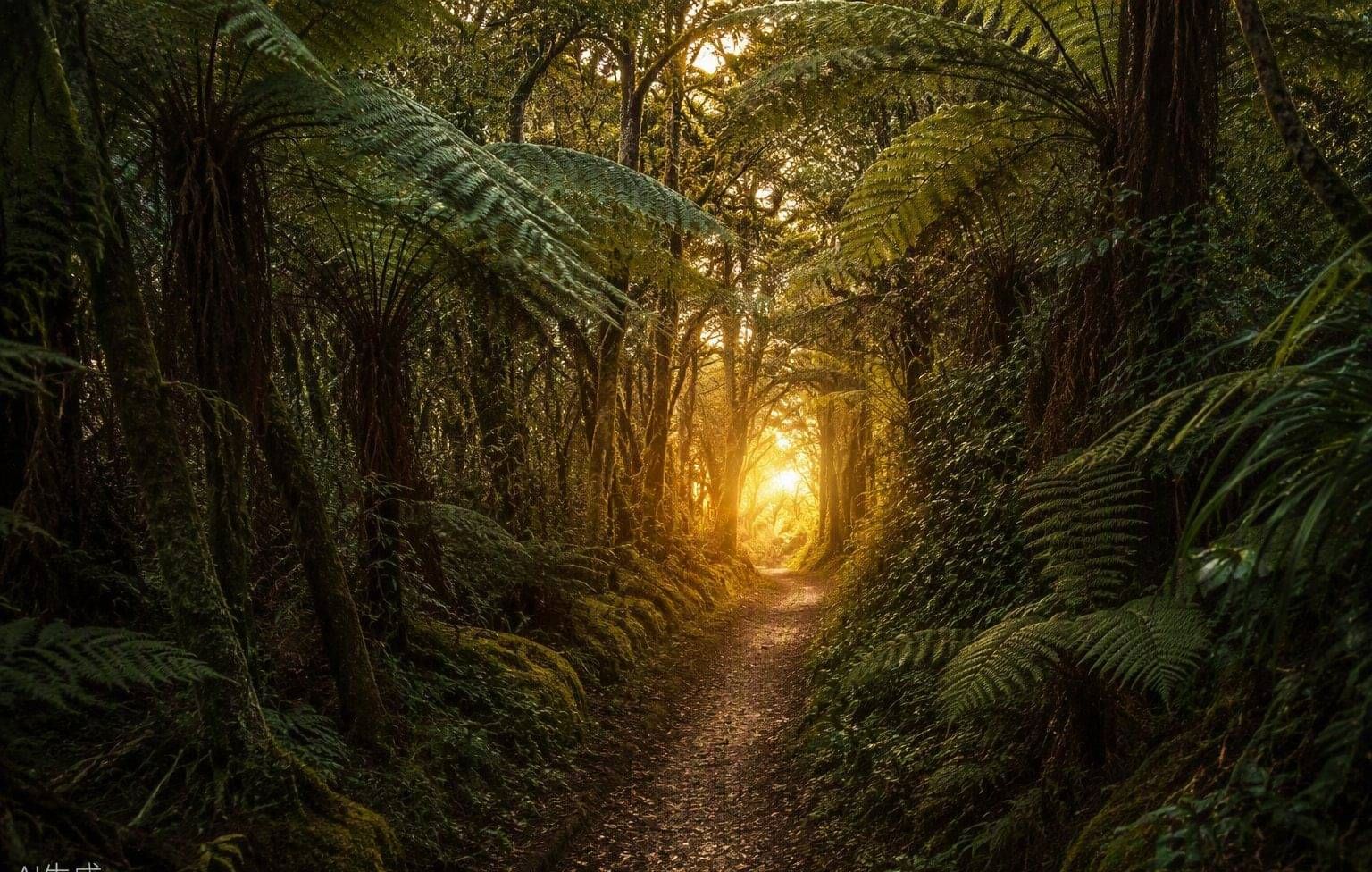 A winding path through native New Zealand bush at dusk