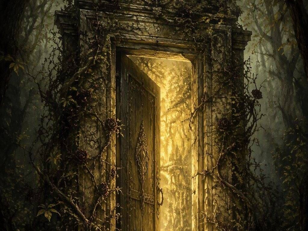 An ancient stone doorway in a dark forest, golden light spilling through