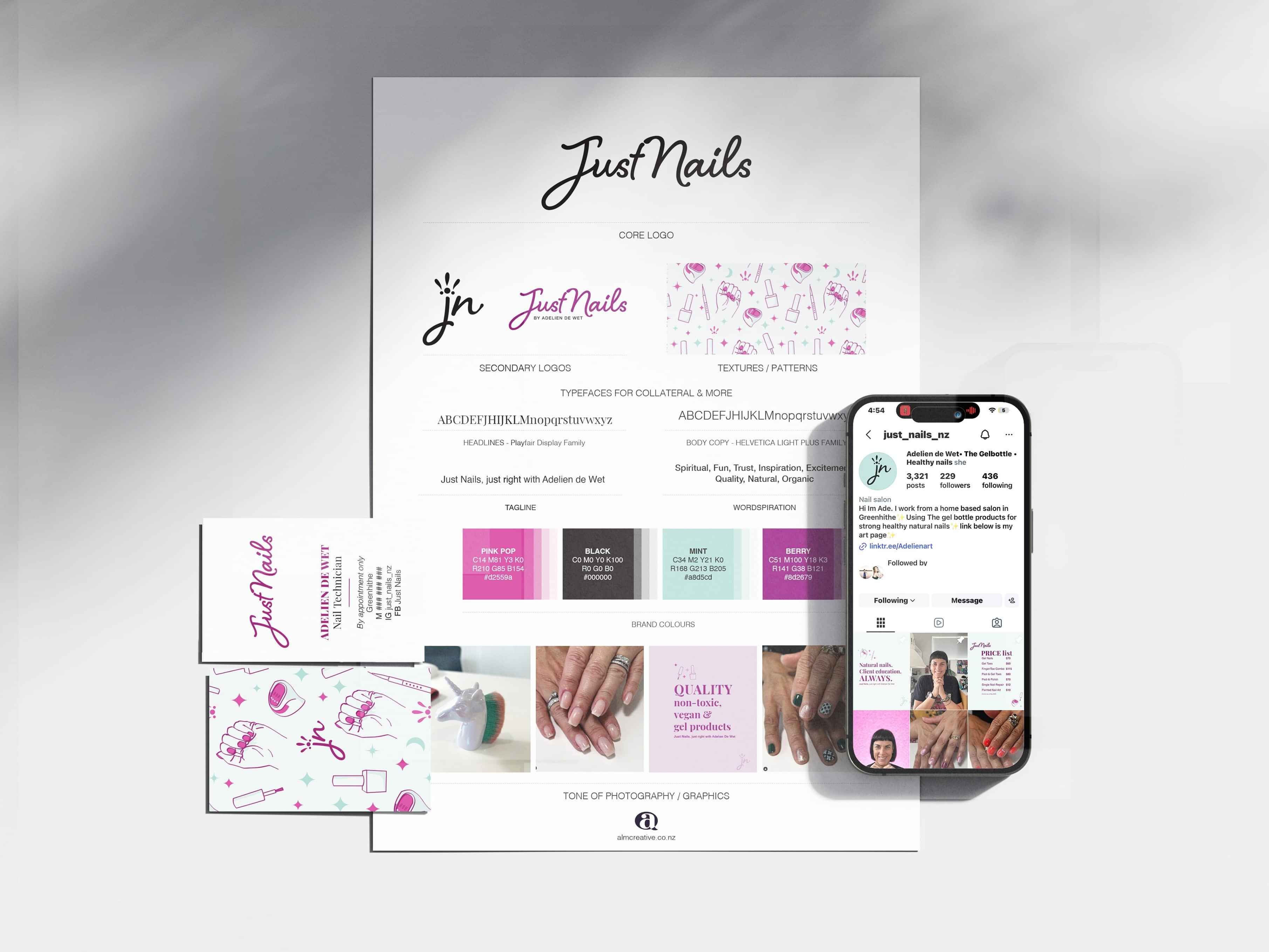 Just Nails brand identity by ALM Creative, showing the brand guide, business cards and Instagram graphics in pink, berry and mint